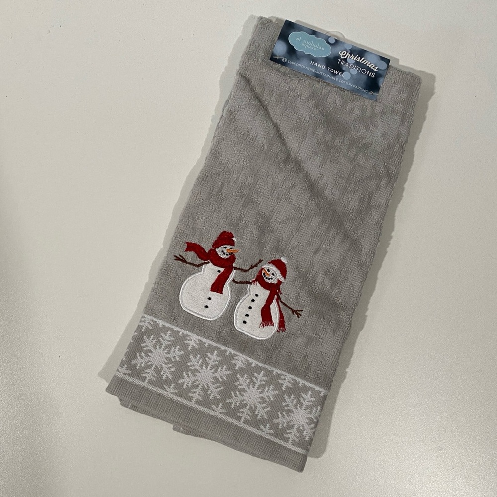 NWT St. Nicholas Square Snowman Embroidered Hand Towel Winter Holiday
